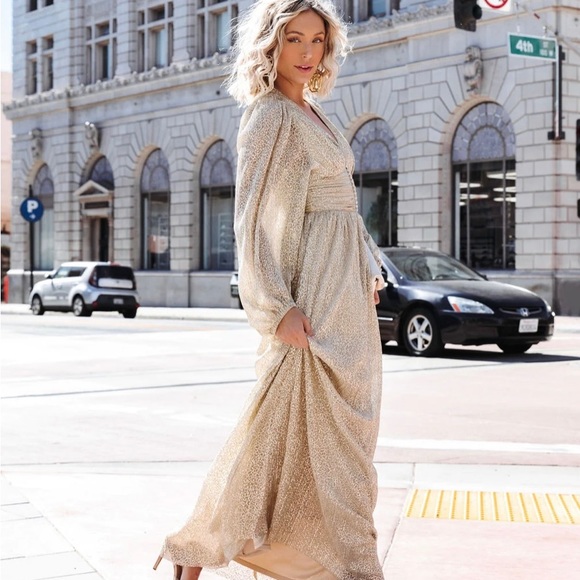 VICI Bel Air Goddess Metallic Maxi Dress Long Sleeves V-Neck Gold Color Size S - Picture 4 of 5